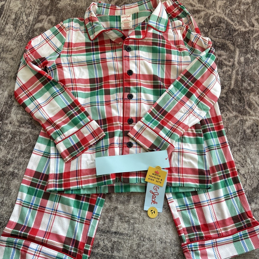Kids 2pc Plaid Christmas Coat Pajama Set - Cat & Jack Cream Size XS 4 5 - Picture 2 of 4